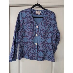 FLAX Women's Blue Rose Print Linen Button Front Shirt Small boxy lagenlook